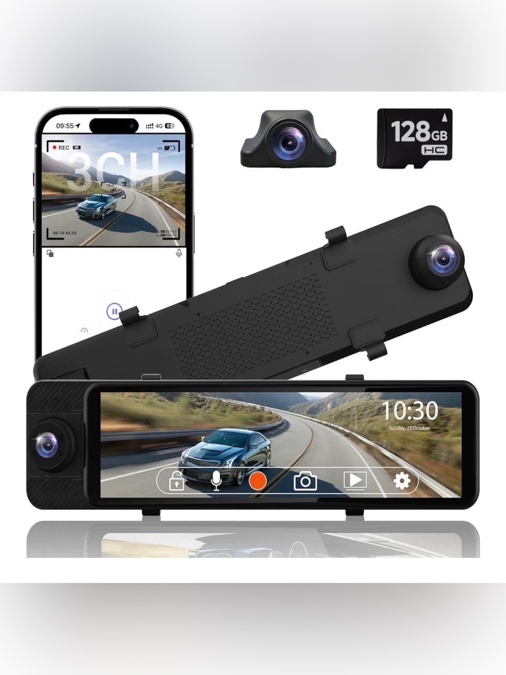 Channel Mirror Dash Cam Front Rear and Inside, 11"